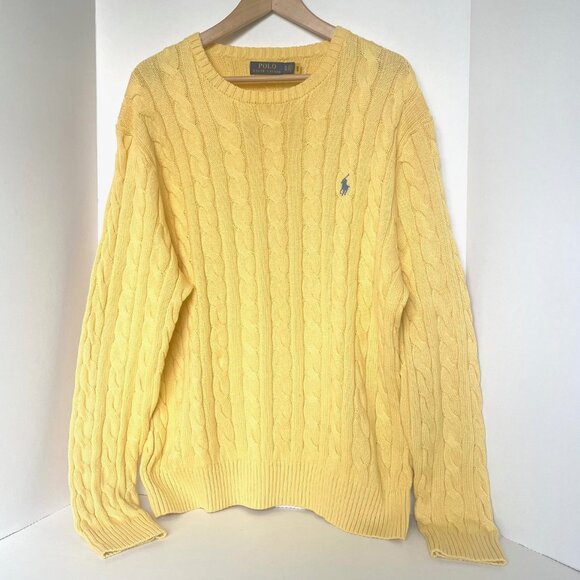 Polo Ralph Lauren Mens XL Yellow Cable Knit Cotton Crewneck Sweater Pony NWOT - Picture 1 of 9